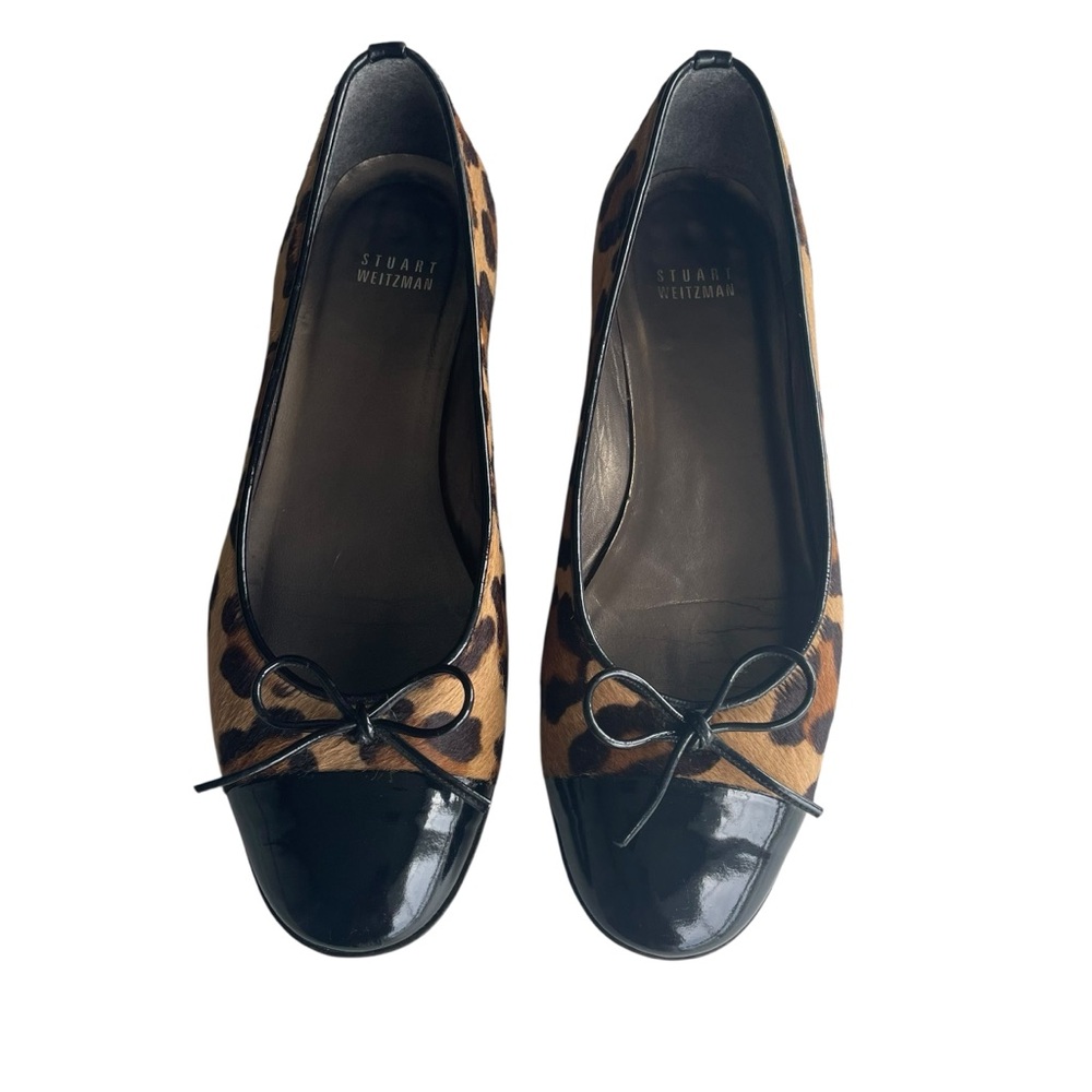 Stuart Weitzman Brown Black Leopard Flats Bow Accent Animal Print Cap Toe 8 1/2